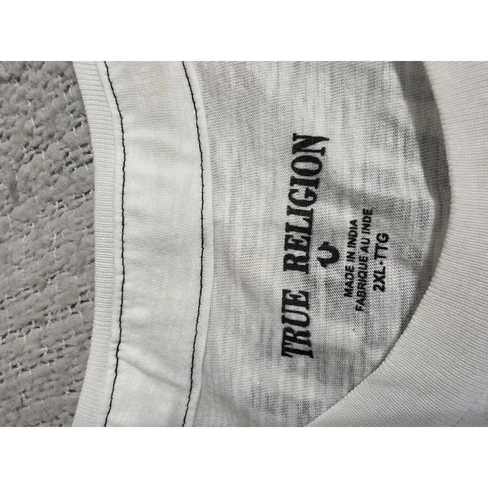True Religion Mens Graphic Logo T-Shirt White Black 2XL Short Sleeve Slub Cotton